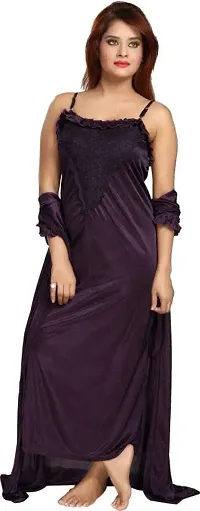 Vania's Grace Women's Satin Plain/Solid Full Length Nightdress/Nightwear Maxi Nighty with Robe Set (Free Size) - Purple-thumb3