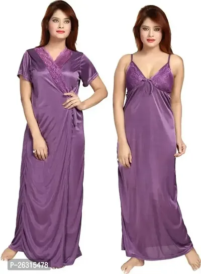 Vania's Grace Women's Satin Plain/V Neck Solid Full Length Nightdress/Nightwear Maxi Padded Nighty with Robe Set (Free Size) - Purple