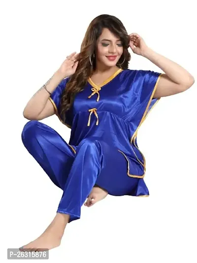 Vivaan Creation Kaftan Waist Tie Ups Dori Kimono Sleeves Kaftan Satin Comfort fit Nighty/Nightdress/Nightwear Pyjama Set for Women  Girls Pack of 1 Blue_XL