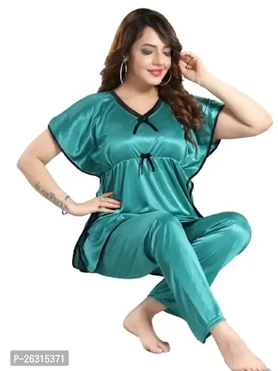 Vivaan Creation Kaftan Waist Tie Ups Dori Kimono Sleeves Kaftan Satin Comfort fit Nighty/Nightdress/Nightwear Pyjama Set for Women  Girls Pack of 1 Turquoise_XL-thumb0