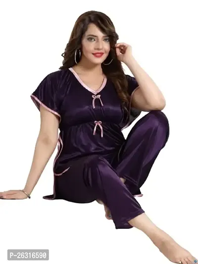 Vivaan Creation Kaftan Waist Tie Ups Dori Kimono Sleeves Kaftan Satin Comfort fit Nighty/Nightdress/Nightwear Pyjama Set for Women  Girls Pack of 1 Dark Purple_XXXL