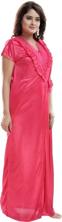 Vania's Grace Women's Satin Plain/Solid Full Length Nightdress/Nightwear Maxi Nighty with Robe Set (Free Size) - Dark Pink-thumb2