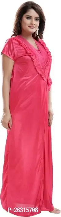 Vania's Grace Women's Satin Plain/Solid Full Length Nightdress/Nightwear Maxi Nighty with Robe Set (Free Size) - Dark Pink-thumb3