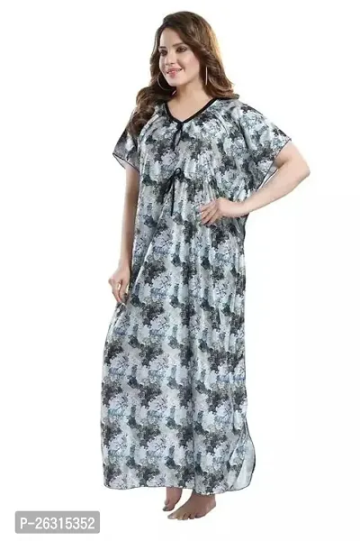 Vivaan Creation Printed Comfortable Satin Maxi Kaftan Night Gown|Kimono Nighty|Night Dress Casual Wear Full Length for Women/Girls (Free Size)_Grey