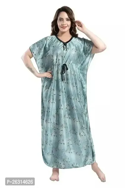 Vivaan Creation Printed Comfortable Satin Maxi Kaftan Night Gown|Kimono Nighty|Night Dress Casual Wear Full Length for Women/Girls (Free Size)_C Green