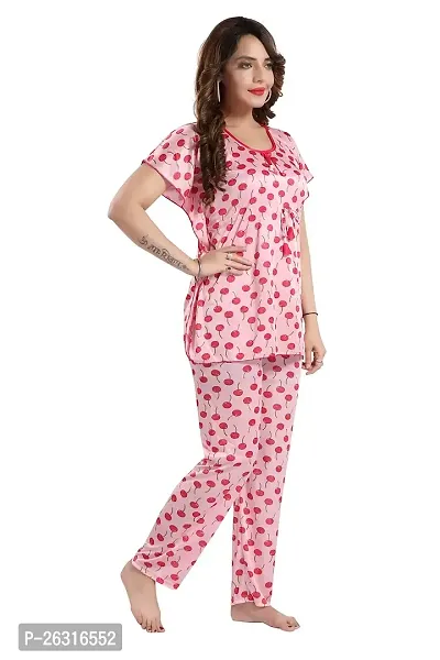 Vania's Grace Satin Kaftan Night Suit - Cherry Print Top Pyjama Set-thumb3