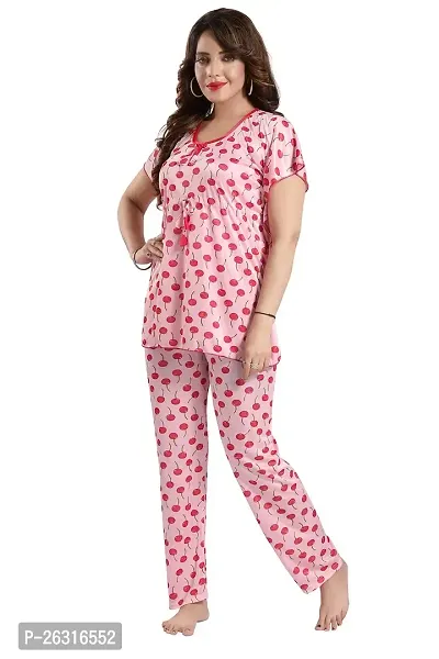 Vania's Grace Satin Kaftan Night Suit - Cherry Print Top Pyjama Set-thumb4