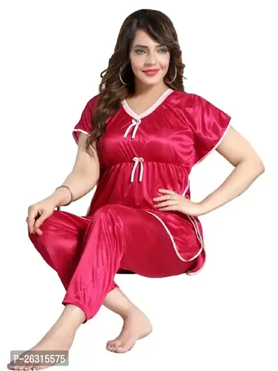 Vivaan Creation Kaftan Waist Tie Ups Dori Kimono Sleeves Kaftan Satin Comfort fit Nighty/Nightdress/Nightwear Pyjama Set for Women  Girls Pack of 1 Red 2_XL-thumb0