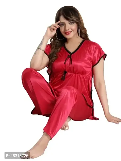 Vivaan Creation Kaftan Waist Tie Ups Dori Kimono Sleeves Kaftan Satin Comfort fit Nighty/Nightdress/Nightwear Pyjama Set for Women  Girls Pack of 1 Red_L-thumb0