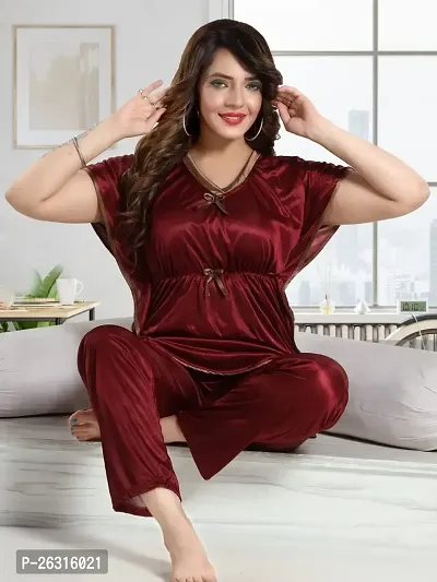 Vivaan Creation Kaftan Waist Tie Ups Dori Kimono Sleeves Kaftan Satin Comfort fit Nighty/Nightdress/Nightwear Pyjama Set for Women  Girls Pack of 1 Maroon_XL-thumb2