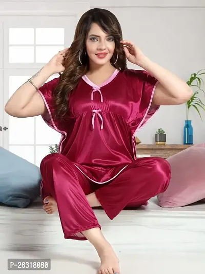 Vivaan Creation Kaftan Waist Tie Ups Dori Kimono Sleeves Kaftan Satin Comfort fit Nighty/Nightdress/Nightwear Pyjama Set for Women  Girls Pack of 1 Wine 1_XL-thumb2