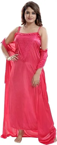 Vivaan Creation Women's Satin Plain/Solid Full Length Nightdress/Nightwear Maxi Nighty with Robe Set of 2 - Dark Pink-thumb3