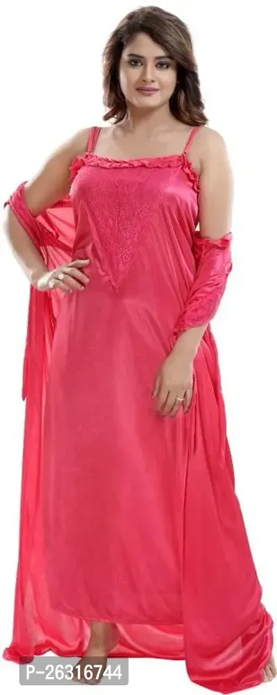 Vivaan Creation Women's Satin Plain/Solid Full Length Nightdress/Nightwear Maxi Nighty with Robe Set of 2 - Dark Pink-thumb4