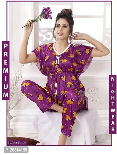 Vivaan Creation Night Suit Satin Heart Printed Comfort fit Kaftan Nighty/Nightdress/Nightwear Suit Set Kaftan and Pyjama Set for Women/Girl (XXL, Purple)-thumb5