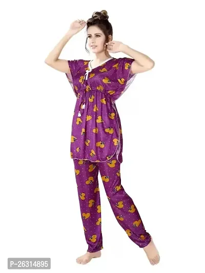 Vania's Grace Night Suit Set |Heart Printed Satin Kaftan Nighty | Kaftan Night Suit with Pyjama Set for Women-thumb3