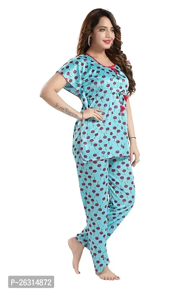 Vania's Grace Satin Kaftan Night Suit - Cherry Print Top Pyjama Set-thumb3