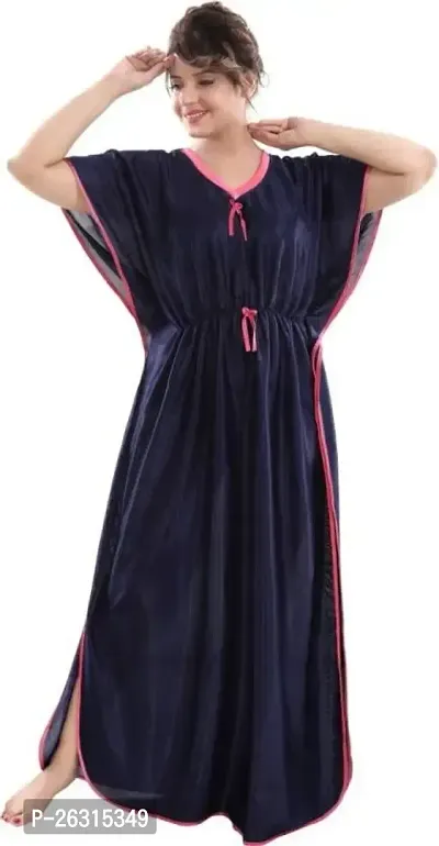 Vivaan Creation Kaftan Waist Tie Ups Dori Kimono Short Sleeves Kaftan Satin Comfortable Nighty/Nightdress/Nightwear Full Length for Women/Girls_Navy Blue