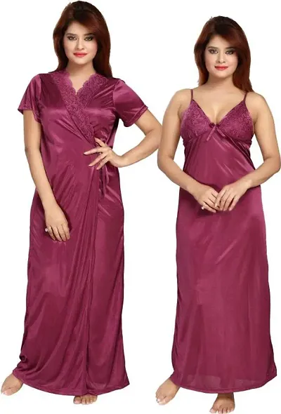 Vania's Grace Women's Satin Plain/V Neck Solid Full Length Nightdress/Nightwear Maxi Passed Nighty with Robe Set (Free Size)