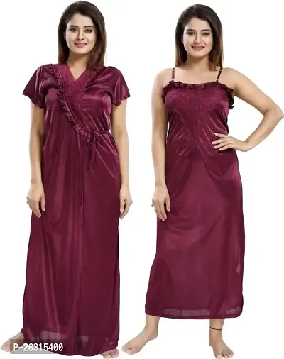 Vania's Grace Women's Satin Plain/Solid Full Length Nightdress/Nightwear Maxi Nighty with Robe Set (Free Size) - Wine