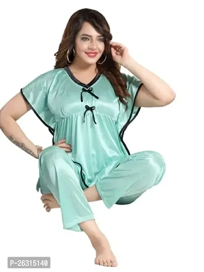 Vivaan Creation Kaftan Waist Tie Ups Dori Kimono Sleeves Kaftan Satin Comfort fit Nighty/Nightdress/Nightwear Pyjama Set for Women  Girls Pack of 1 C Green_XL-thumb0