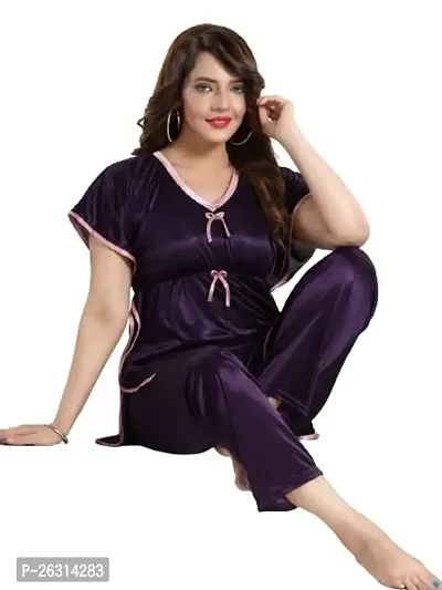 Vivaan Creation Kaftan Waist Tie Ups Dori Kimono Sleeves Kaftan Satin Comfort fit Nighty/Nightdress/Nightwear Pyjama Set for Women  Girls Pack of 1 Dark Purple_XL