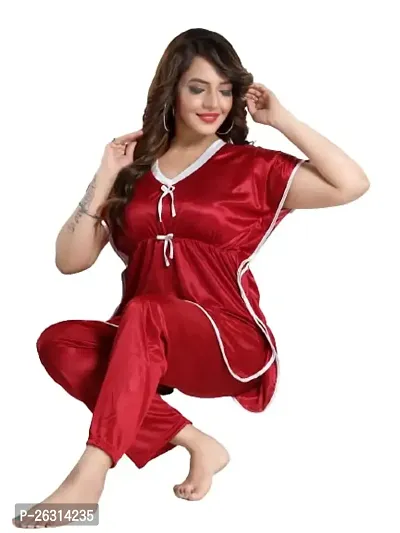 Vivaan Creation Kaftan Waist Tie Ups Dori Kimono Sleeves Kaftan Satin Comfort fit Nighty/Nightdress/Nightwear Pyjama Set for Women  Girls Pack of 1 Maroon 1_XXXL-thumb0