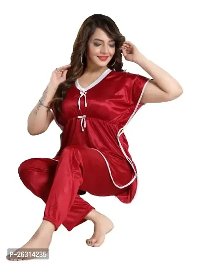 Vivaan Creation Kaftan Waist Tie Ups Dori Kimono Sleeves Kaftan Satin Comfort fit Nighty/Nightdress/Nightwear Pyjama Set for Women  Girls Pack of 1 Maroon 1_XXXL