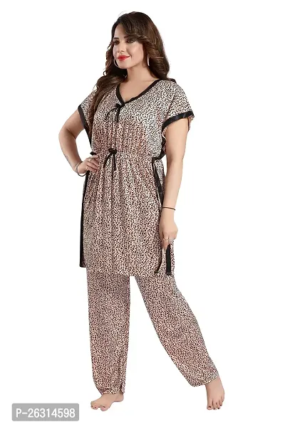 Vania's Grace Satin Kaftan Knee Length Night Suit - Tiger Print Kaftan top and Pyjama Set-1-thumb4