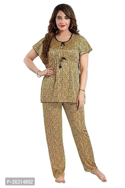 Vania's Grace Satin Kaftan Night Suit - Cheeta Print Top Pyjama Set for Women