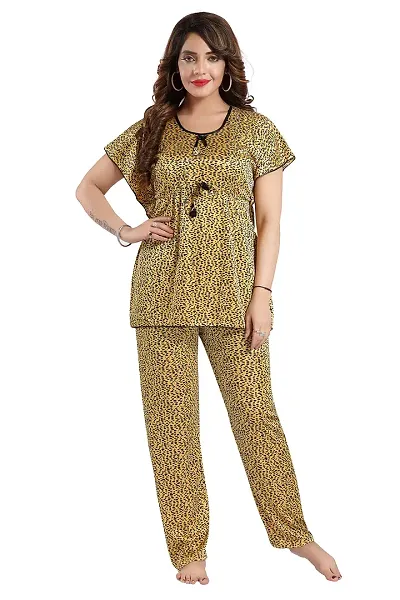 Vania's Grace Satin Kaftan Night Suit - Cheeta Print Top Pyjama Set for Women