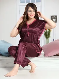 Vivaan Creation Kaftan Waist Tie Ups Dori Kimono Sleeves Kaftan Satin Comfort fit Nighty/Nightdress/Nightwear Pyjama Set for Women  Girls Pack of 1 Wine_XXXL-thumb1