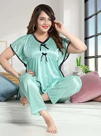 Vivaan Creation Kaftan Waist Tie Ups Dori Kimono Sleeves Kaftan Satin Comfort fit Nighty/Nightdress/Nightwear Pyjama Set for Women  Girls Pack of 1 C Green_L-thumb1