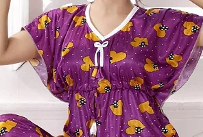 Vivaan Creation Night Suit Satin Heart Printed Comfort fit Kaftan Nighty/Nightdress/Nightwear Suit Set Kaftan and Pyjama Set for Women/Girl - Purple-thumb4