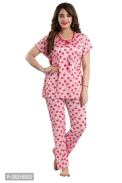 Vania's Grace Satin Kaftan Night Suit - Cherry Print Top Pyjama Set-thumb0