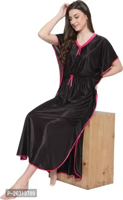 Vivaan Creation Kaftan Waist Tie Ups Dori Kimono Short Sleeves Kaftan Satin Comfortable Nighty/Nightdress/Nightwear Full Length for Women/Girls_Black-thumb5