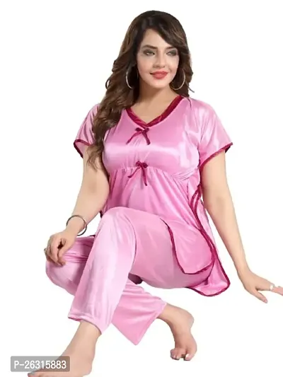 Vivaan Creation Kaftan Waist Tie Ups Dori Kimono Sleeves Kaftan Satin Comfort fit Nighty/Nightdress/Nightwear Pyjama Set for Women  Girls Pack of 1 Baby Pink_XL-thumb0