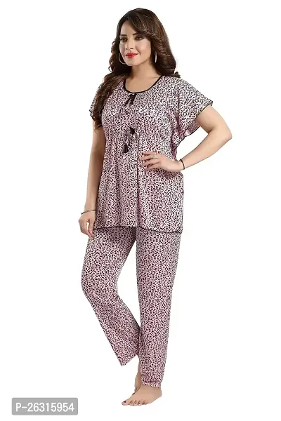 Vania's Grace Satin Kaftan Night Suit - Cheeta Print Top Pyjama Set for Women-thumb4