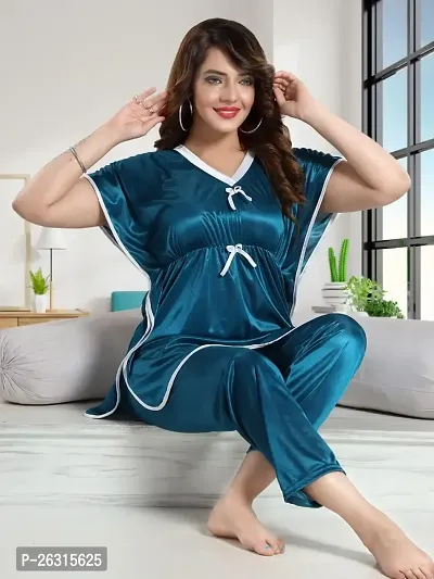 Vivaan Creation Kaftan Waist Tie Ups Dori Kimono Sleeves Kaftan Satin Comfort fit Nighty/Nightdress/Nightwear Pyjama Set for Women  Girls Pack of 1 Dark Green_XXXL-thumb2