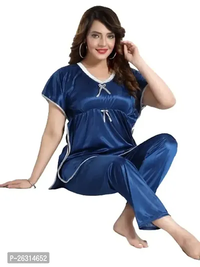 Vivaan Creation Kaftan Waist Tie Ups Dori Kimono Sleeves Kaftan Satin Comfort fit Nighty/Nightdress/Nightwear Pyjama Set for Women  Girls Pack of 1 Dark Blue_L