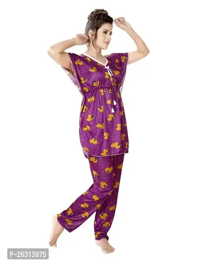 Vivaan Creation Night Suit Satin Heart Printed Comfort fit Kaftan Nighty/Nightdress/Nightwear Suit Set Kaftan and Pyjama Set for Women/Girl - Purple-thumb4