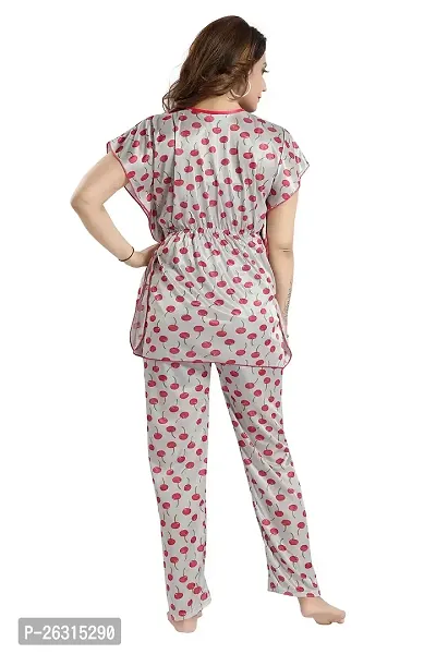 Vania's Grace Satin Kaftan Night Suit - Cherry Print Top Pyjama Set-thumb2