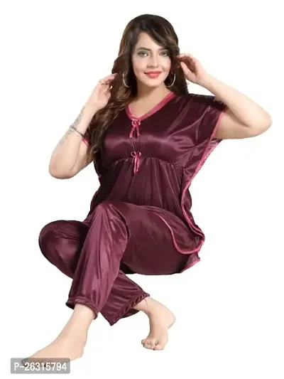 Vivaan Creation Kaftan Waist Tie Ups Dori Kimono Sleeves Kaftan Satin Comfort fit Nighty/Nightdress/Nightwear Pyjama Set for Women  Girls Pack of 1 Wine_XL-thumb0