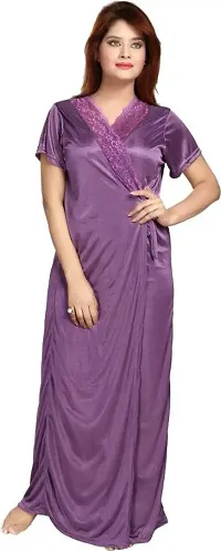 Vania's Grace Women's Satin Plain/V Neck Solid Full Length Nightdress/Nightwear Maxi Padded Nighty with Robe Set (Free Size) - Purple-thumb2