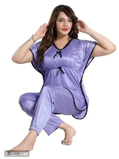 Vivaan Creation Kaftan Waist Tie Ups Dori Kimono Sleeves Kaftan Satin Comfort fit Nighty/Nightdress/Nightwear Pyjama Set for Women  Girls Pack of 1 Light Purple_XXXL-thumb0