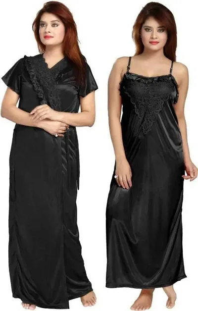 Vania's Grace Women's Satin Plain/Solid Full Length Nightdress/Nightwear Maxi Nighty with Robe Set