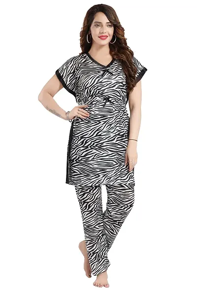 Vania's Grace Satin Kaftan Knee Length Night Suit - Tiger Print Kaftan top and Pyjama Set-1