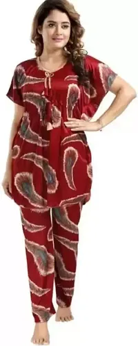 Vania's Grace Night Suit Set |Feather Printed Satin Kaftan Nighty | Kaftan Night Suit with Pyjama Set for Women