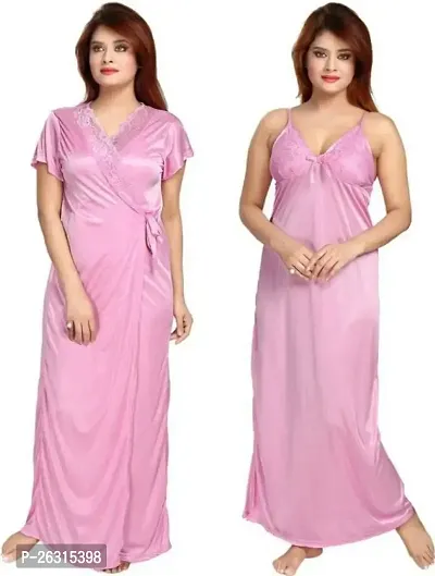 Vania's Grace Women's Satin Plain | V Neck Solid Full Length Nightdress | Nightwear Maxi Passed Nighty with Robe Set | Night Dress Pink-thumb0
