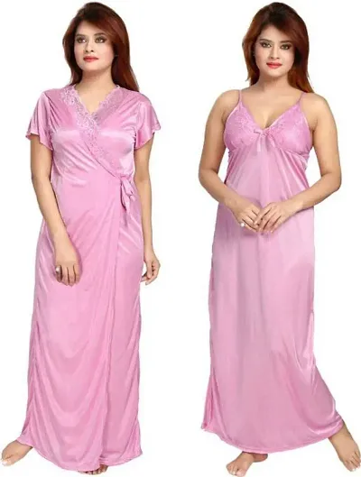 Vania's Grace Women's Satin Plain | V Neck Solid Full Length Nightdress | Nightwear Maxi Passed Nighty with Robe Set | Night Dress (Free Size)