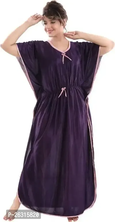 Vivaan Creation Kaftan Waist Tie Ups Dori Kimono Short Sleeves Kaftan Satin Comfortable Nighty/Nightdress/Nightwear Full Length for Women/Girls_ Dark Purple
